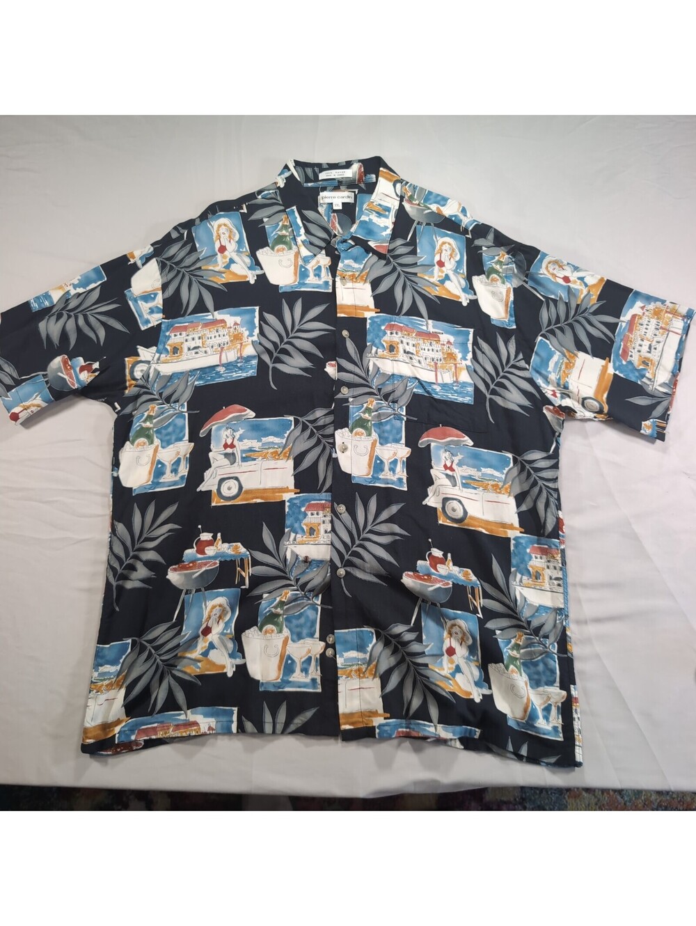 Vintage Pierre Cardin Black Scenic Print Rayon Button Up Shirt